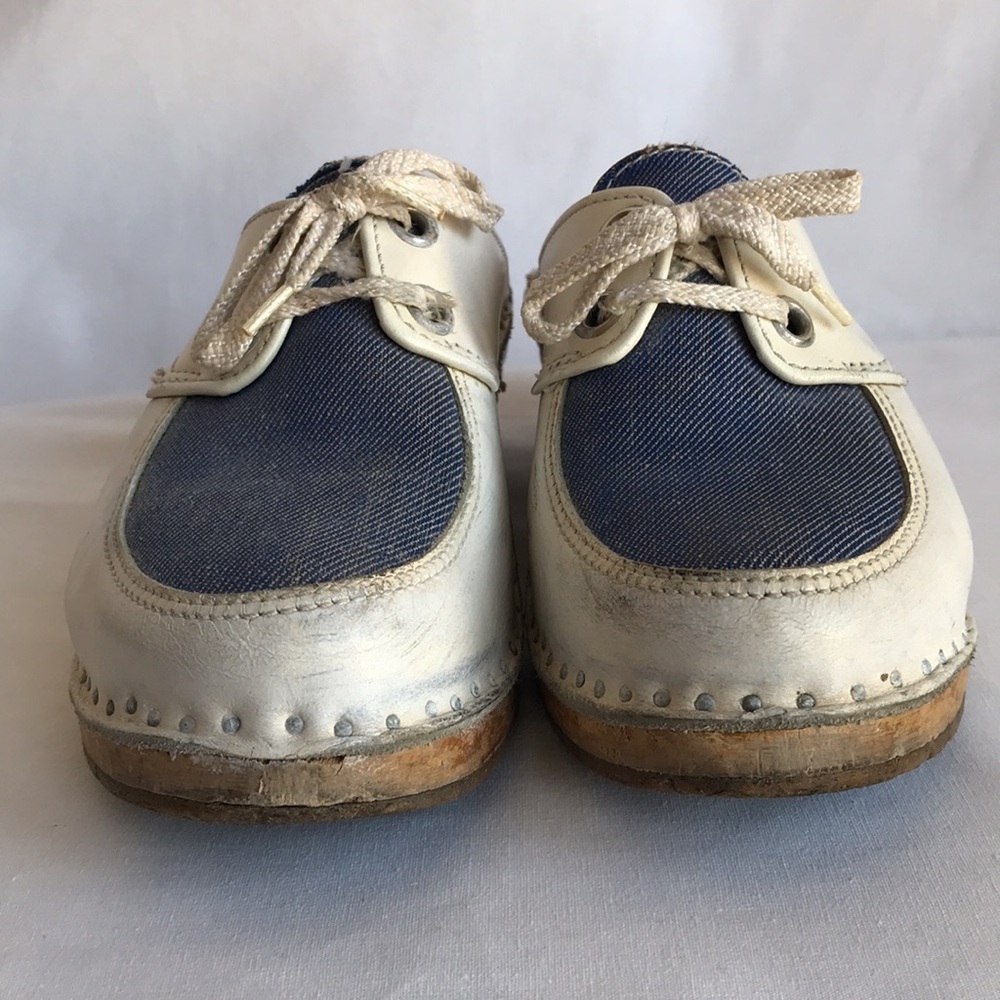 Vintage cream and denim wood-based clogs, size 6.5 - Picture 3 of 7